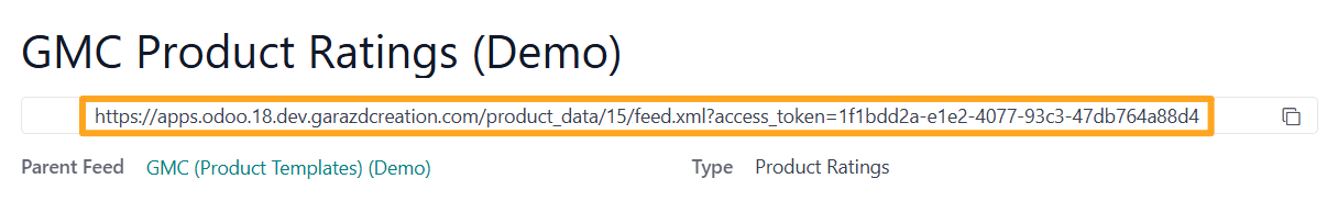 Odoo 19.0 gmc product review rating feed url