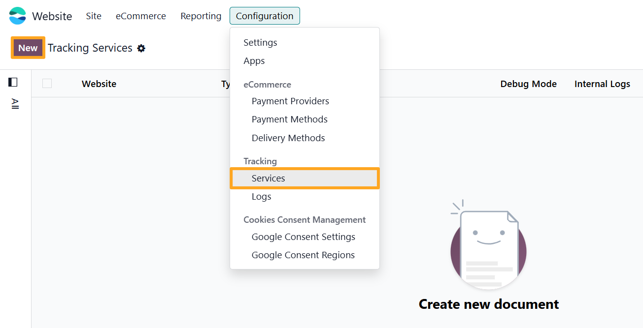 Odoo 19.0 website configuration tracking services new