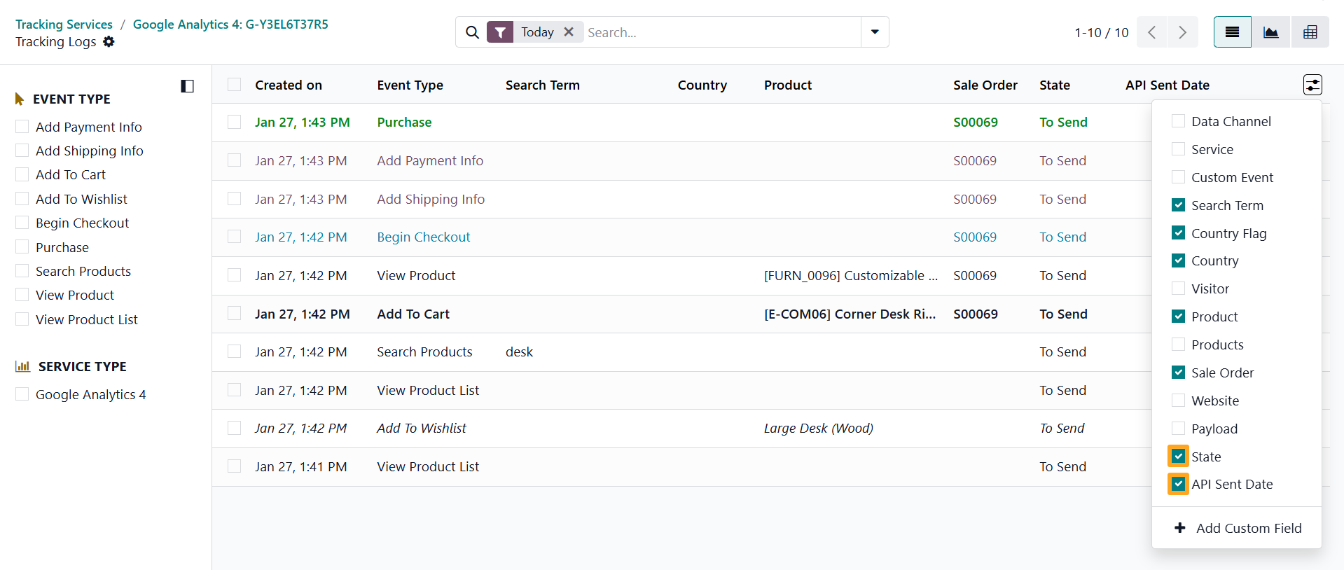 Odoo 19.0 ga measurement protocol tracking logs state api sent date