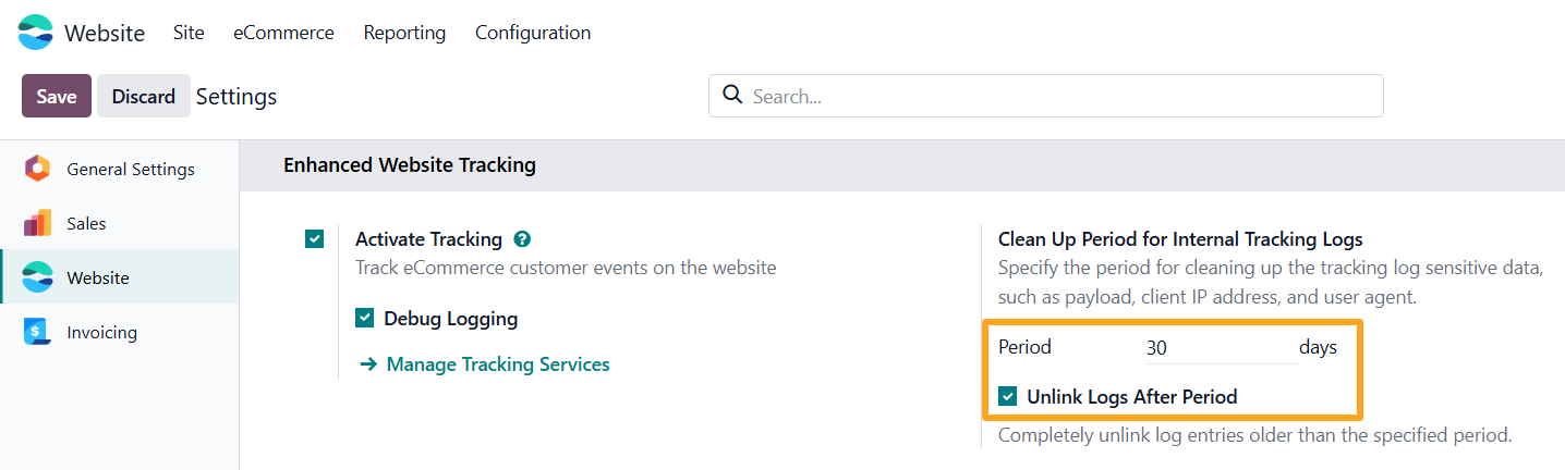 Odoo 19.0 website settings clean up period for internal logs unlink