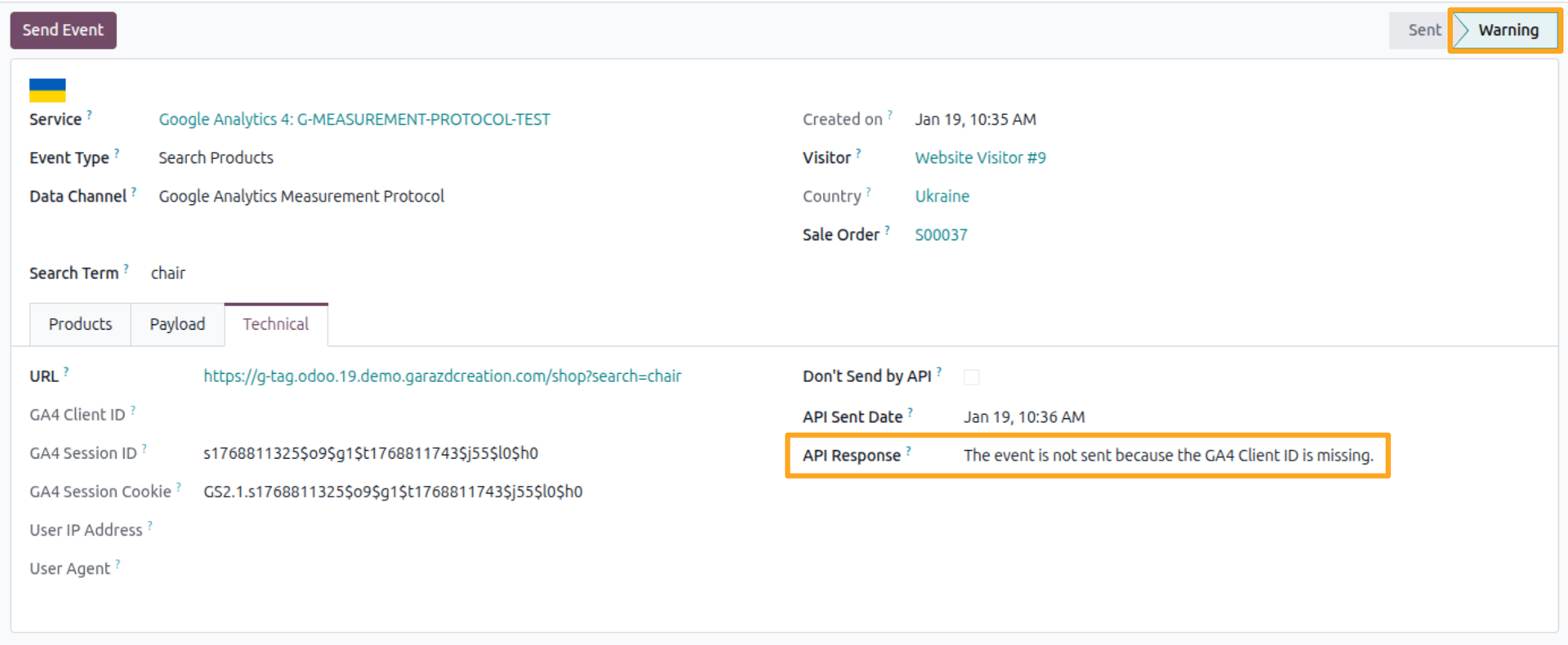 Odoo 19.0 ga measurement protocol tracking log warning api response