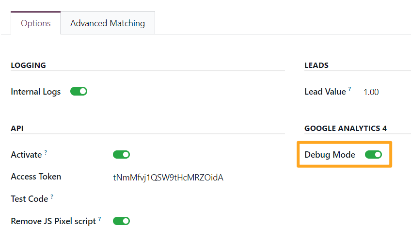 Odoo 19.0 ga measurement protocol tracking service options debug mode
