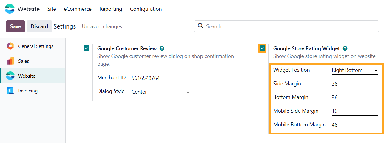 Odoo 19.0 website settings ecommerce google store rating widget