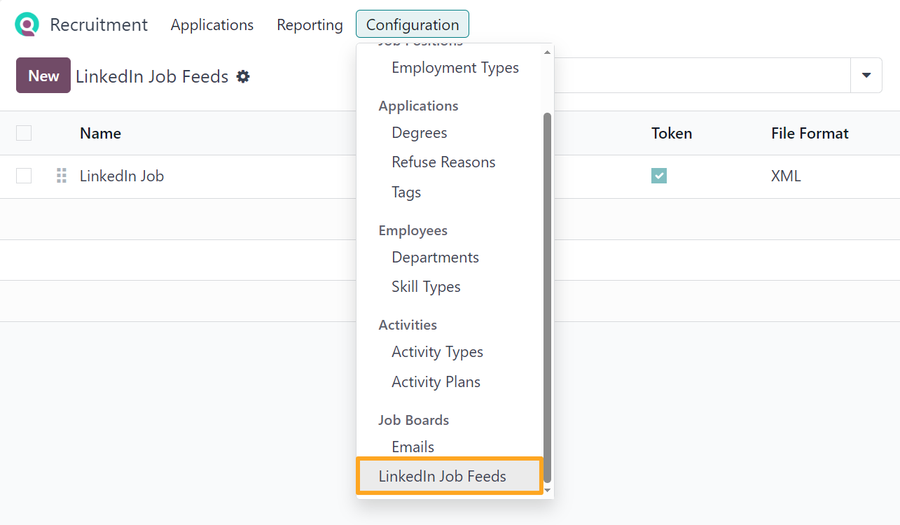 Odoo 18.0 recruitment configuration linkedin job feeds xml
