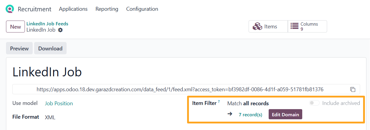 Odoo 18.0 recruitment linkedin feed item filter