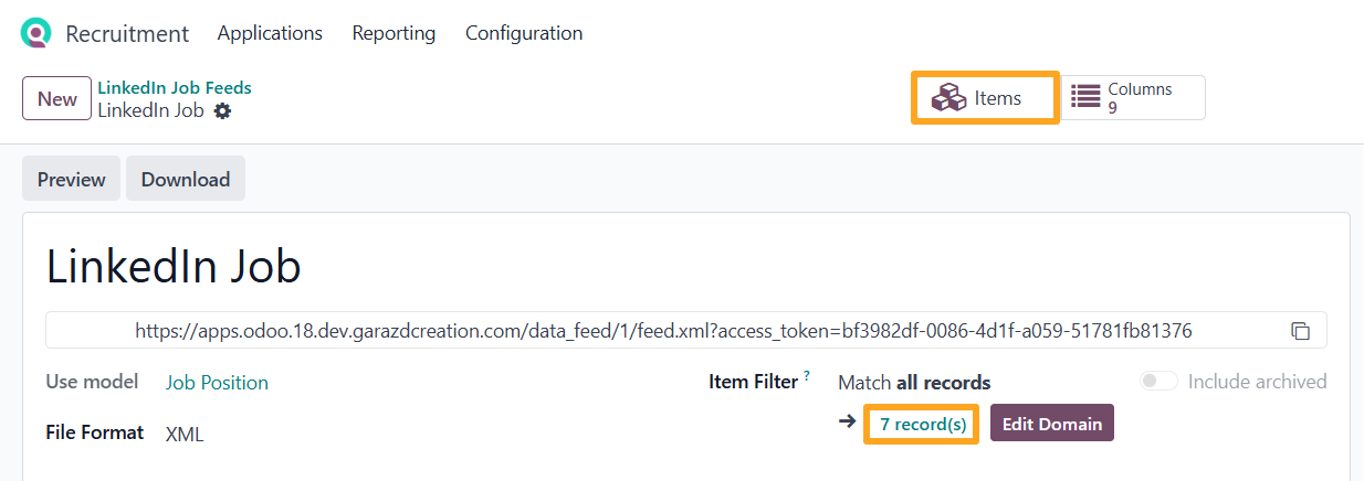 Odoo 18.0 recruitment linkedin feed items records