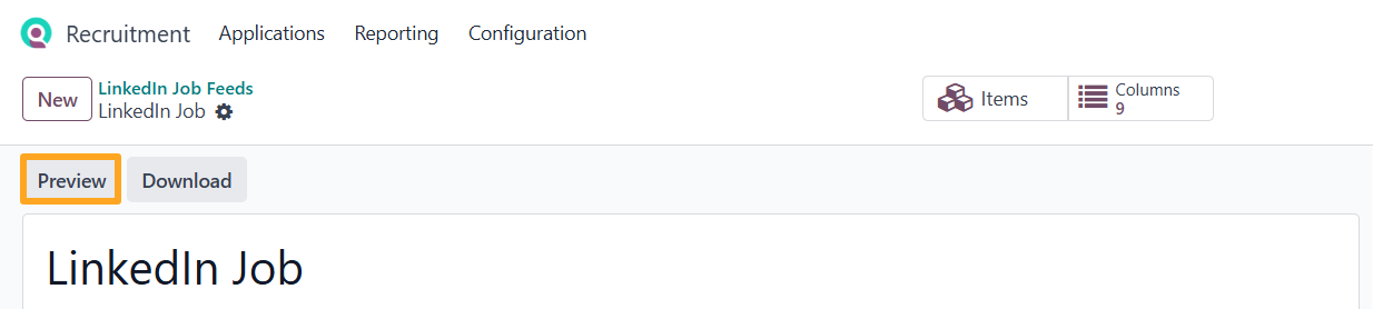 Odoo 18.0 recruitment linkedin job feed preview button