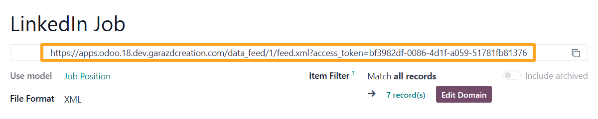 Odoo 18.0 recruitment linkedin job feed url