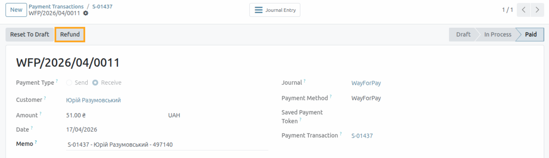 odoo wayforpay payment transaction refund