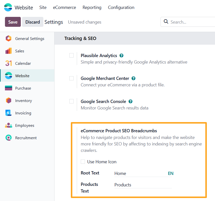 odoo website settings ecommerce product seo breadcrumbs