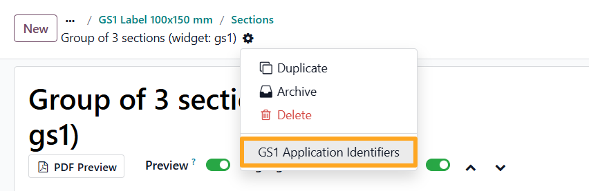 odoo label builder pro template section actions gs1 application identifiers