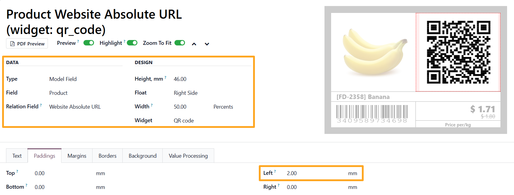 odoo product label builder qr code section