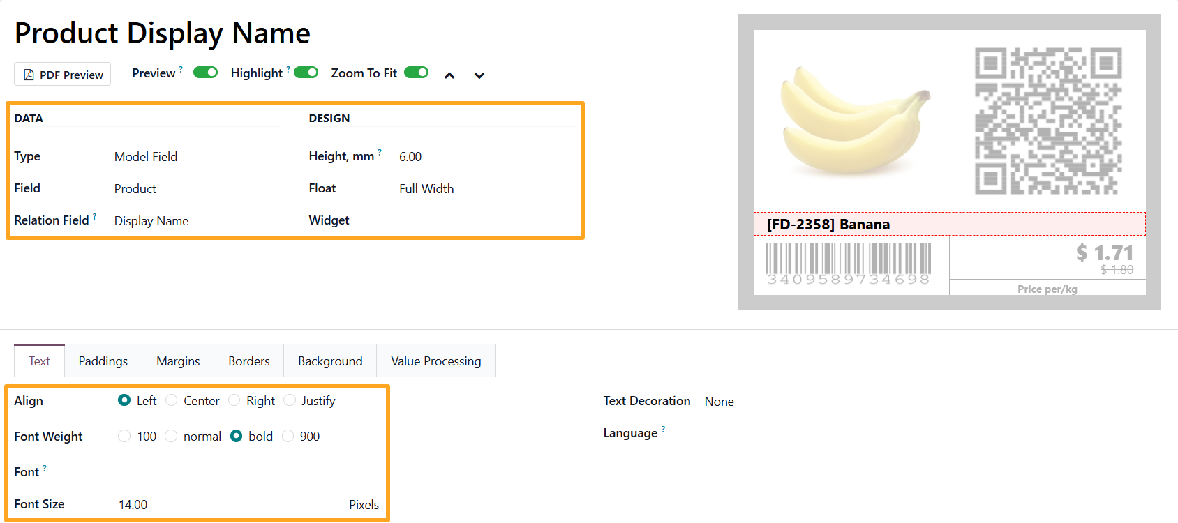 odoo product label builder display name section text