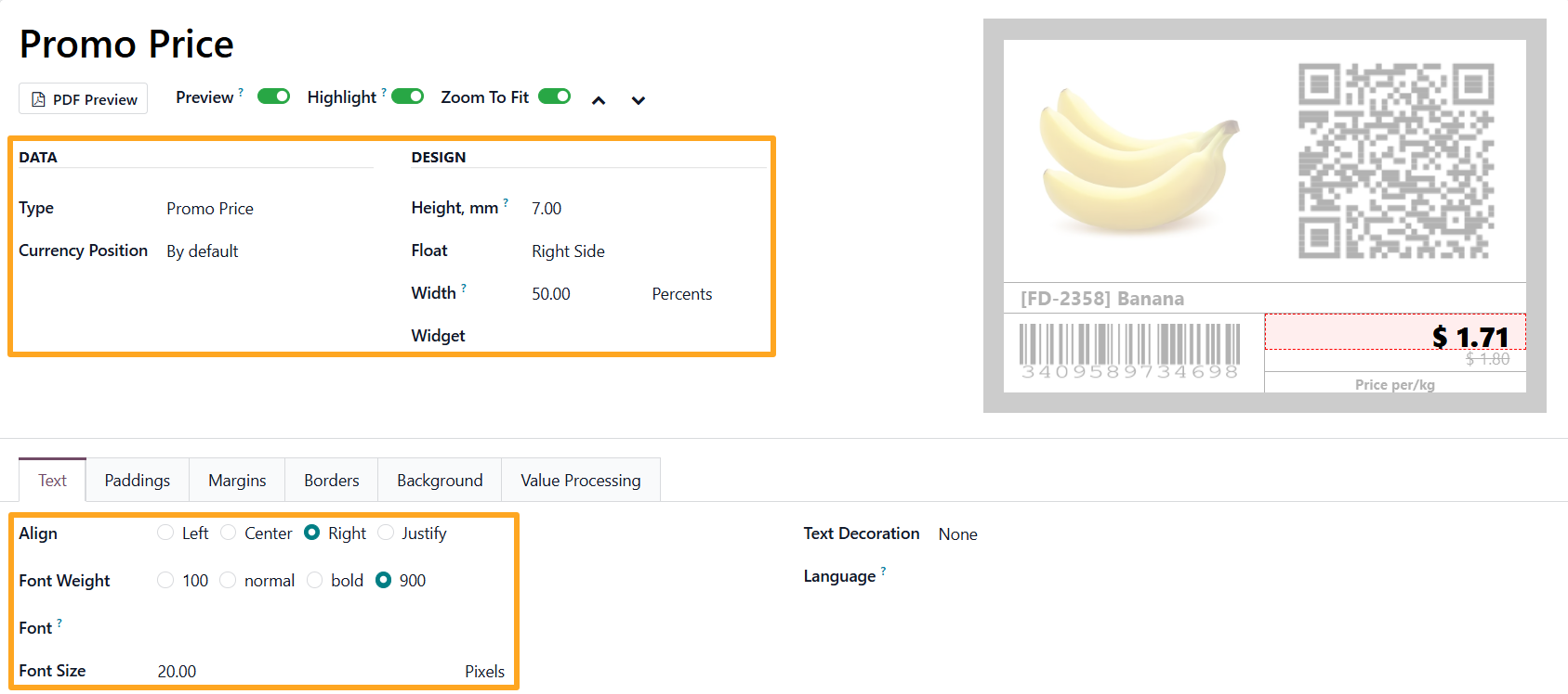 odoo product label builder promo price section text