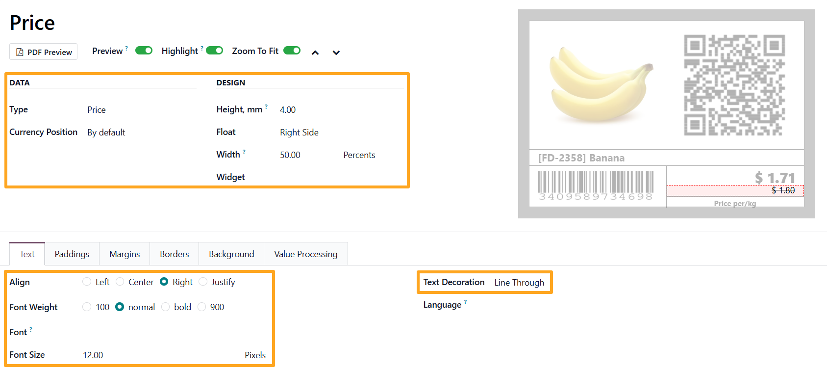 odoo product label builder regular price section text