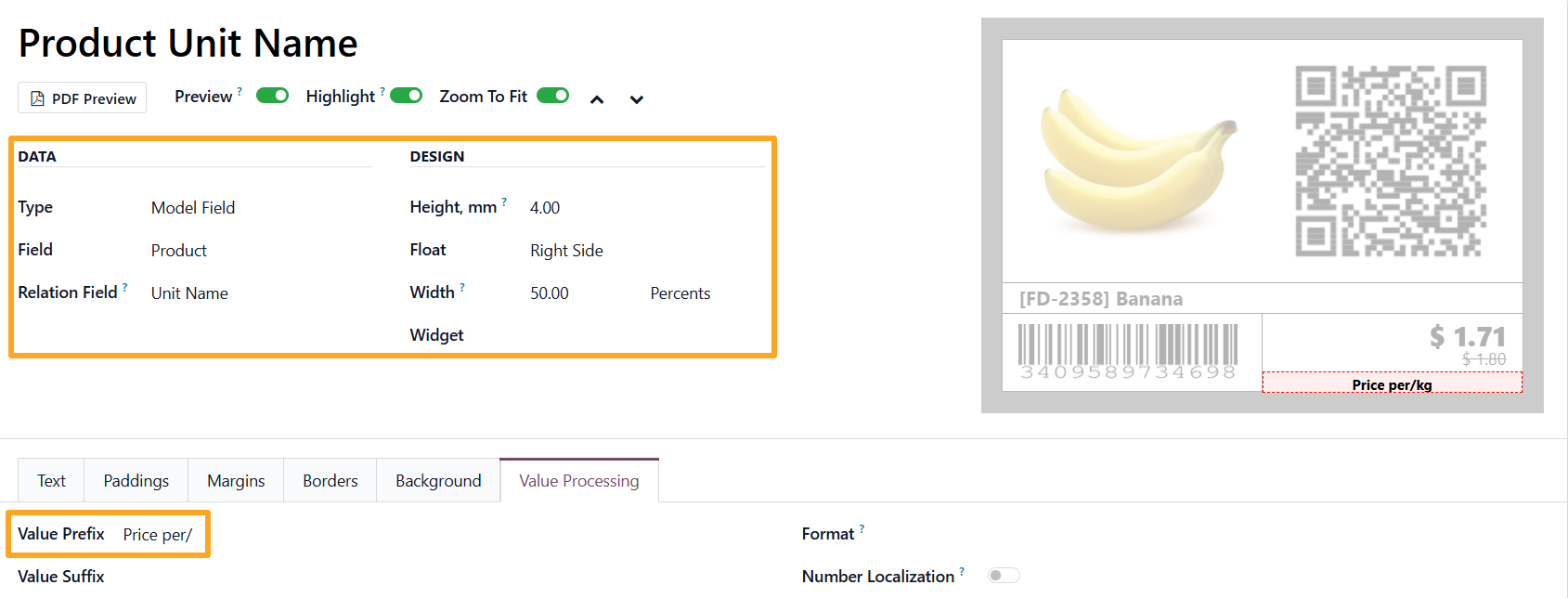 odoo product label builder unit name section value prefix