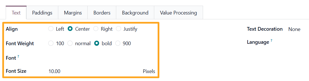 odoo product label builder unit name section text