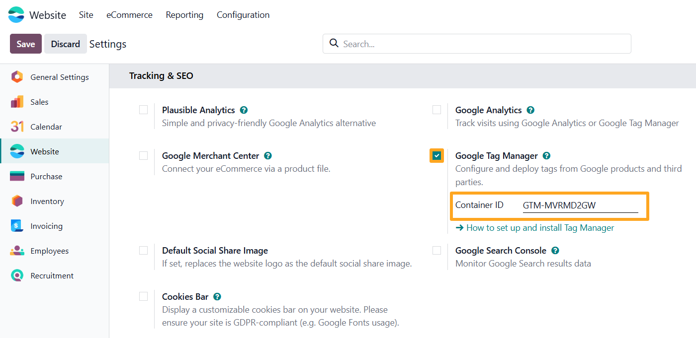 odoo website settings tracking seo google tag manager container id
