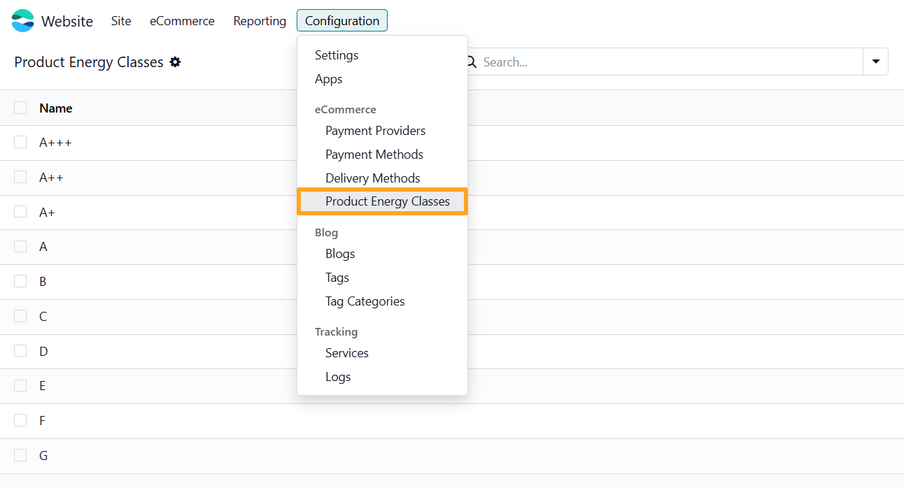 odoo website configuration product energy classes