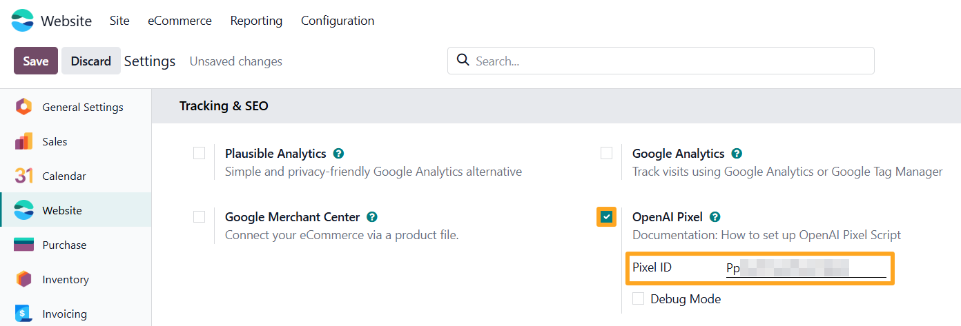 odoo website settings tracking seo chatgpt openai pixel id