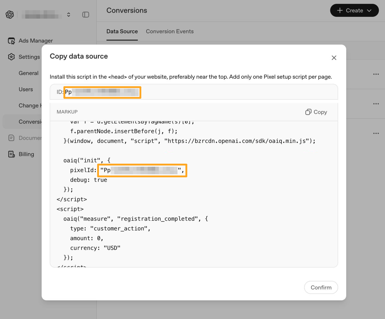 openai ads manager settings conversions data source pixel id
