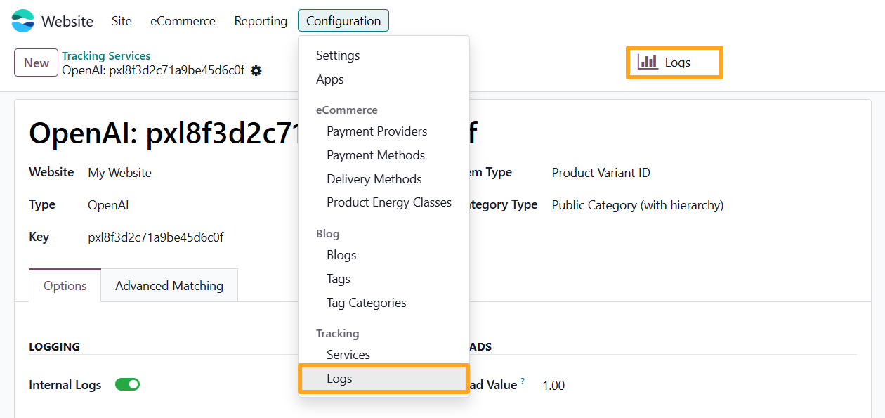 odoo website configuration tracking logs openai