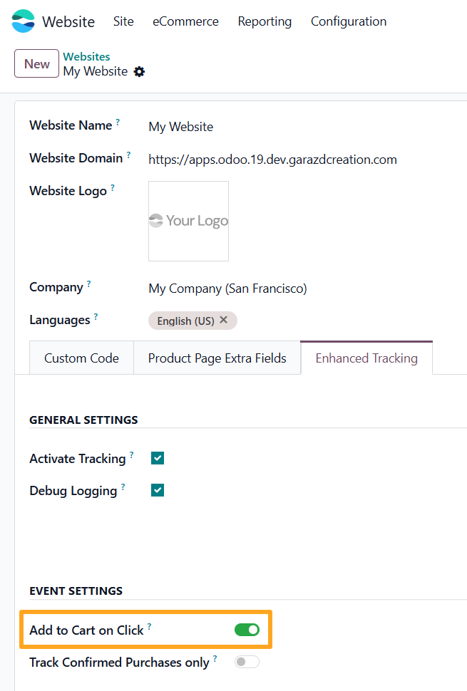 odoo website enhanced tracking event settings add to cart on click