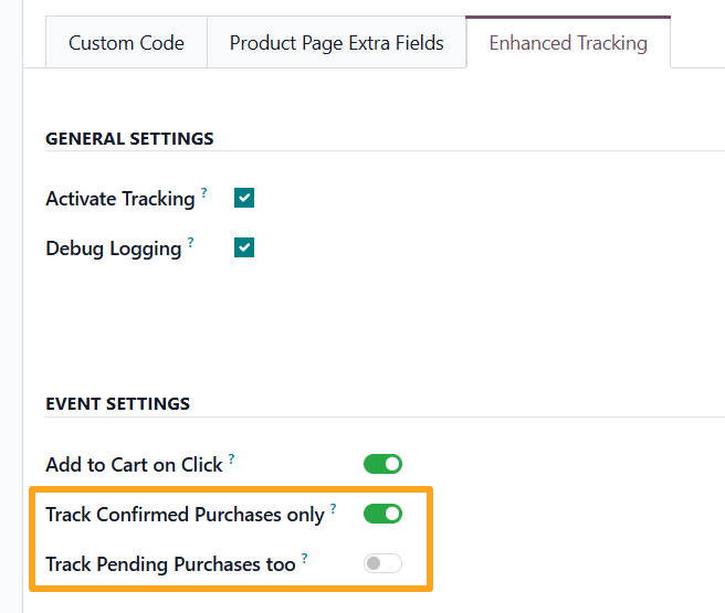 odoo website enhanced tracking event settings track confirmed pending purchases