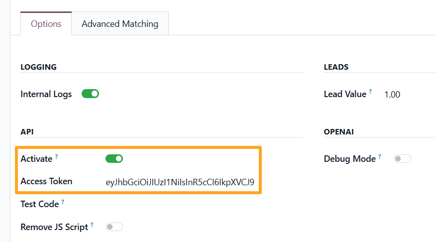 odoo openai tracking service options api activate access token