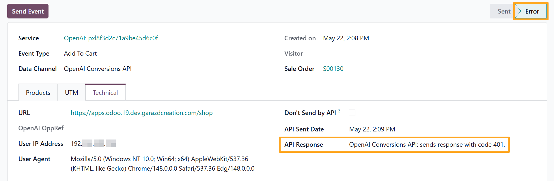 odoo openai tracking service event error api response