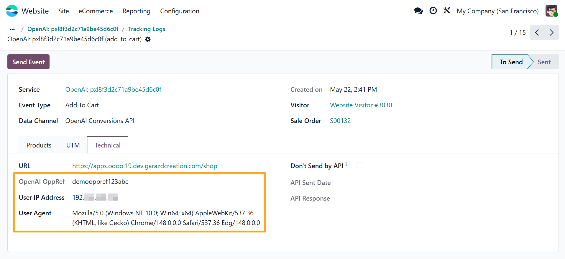 odoo openai tracking service event technical oppref user ip agent