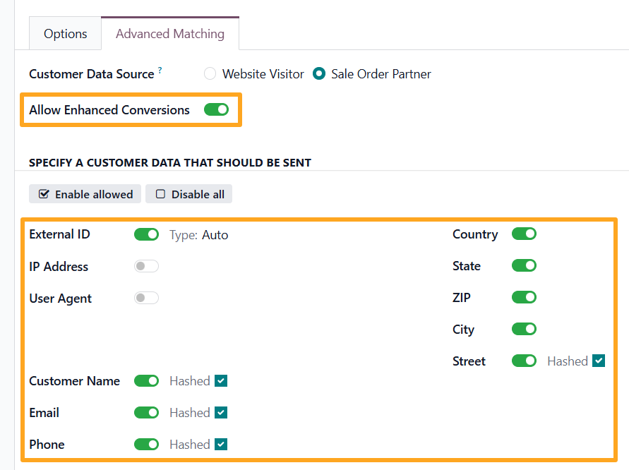 odoo google аналітика 4 сервіс відстеження advanced matching дозволити розширені конверсії