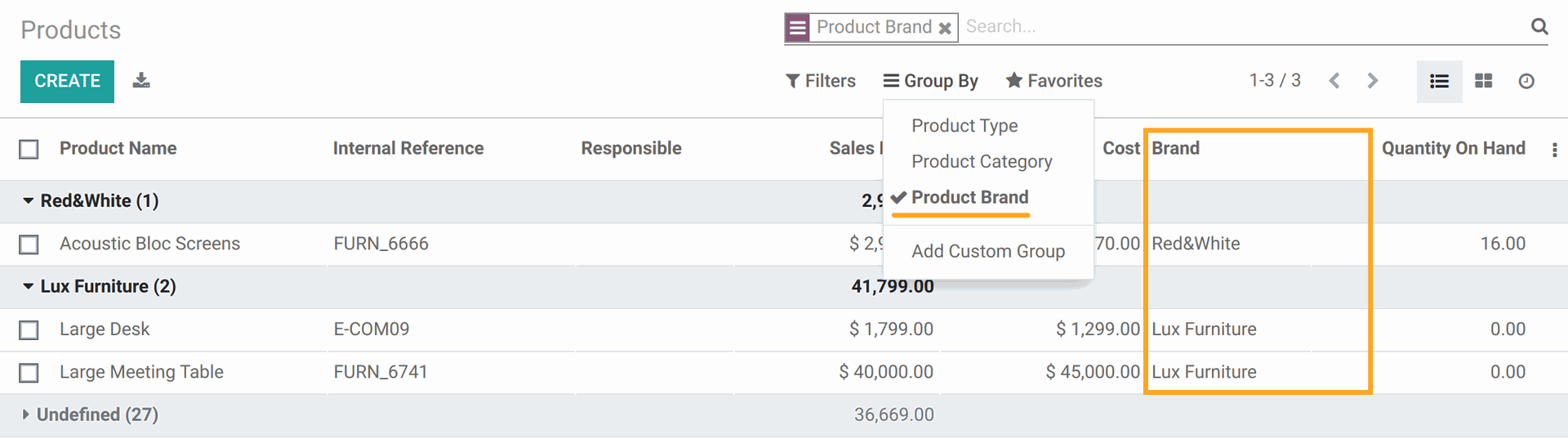 Odoo False Product Brands for Data Feeds group by