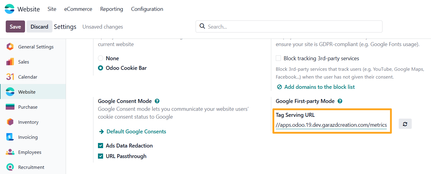 odoo веб-сайт налаштування tracking seo google first party mode tag serving url