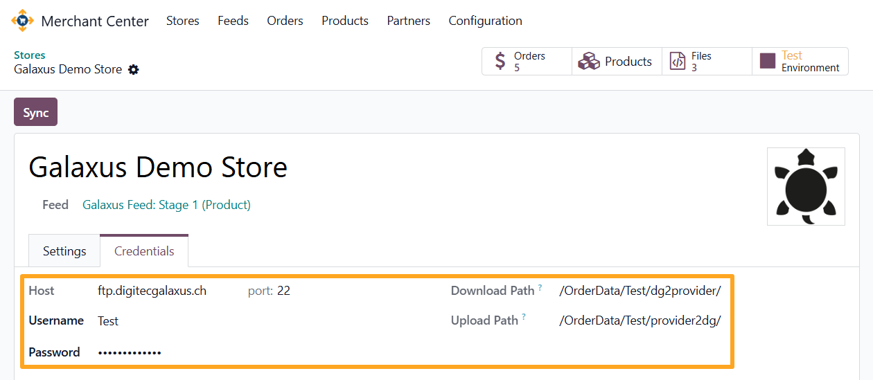 odoo merchant center galaxus store test environment credentials
