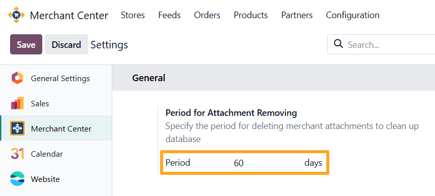 odoo merchant center settings period for attachment removing