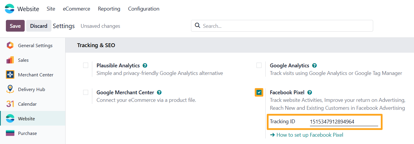 odoo website settings tracking seo facebook pixel id