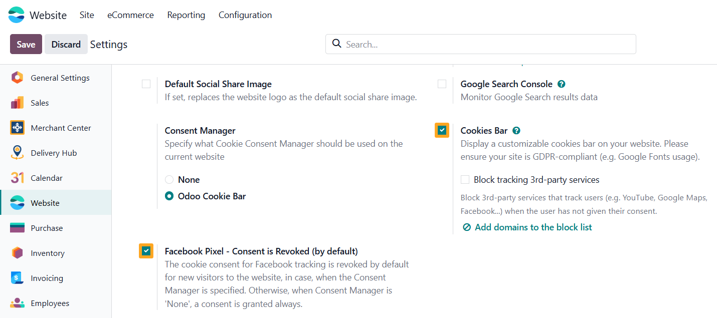 odoo website settings tracking seo cookies bar facebook pixel consent revoked