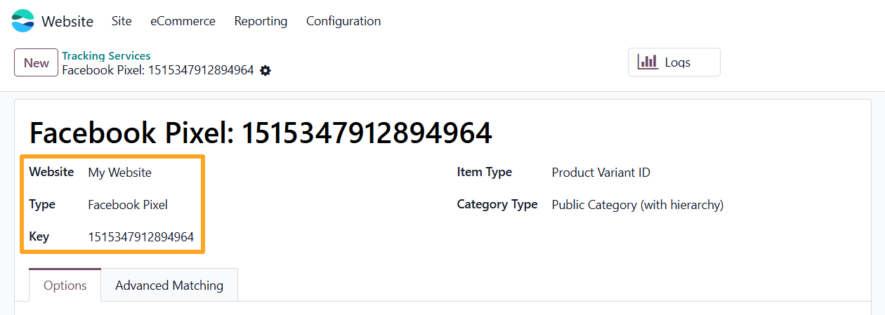 odoo meta facebook pixel tracking service website type key