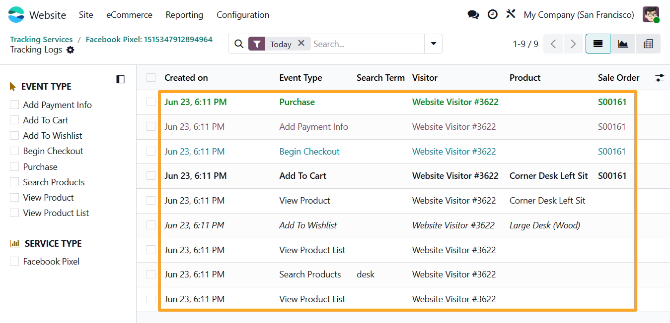 odoo meta facebook pixel tracking service internal logs list