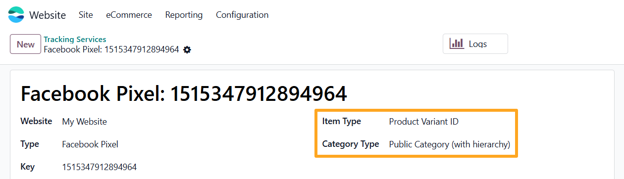odoo meta facebook pixel tracking service item category type