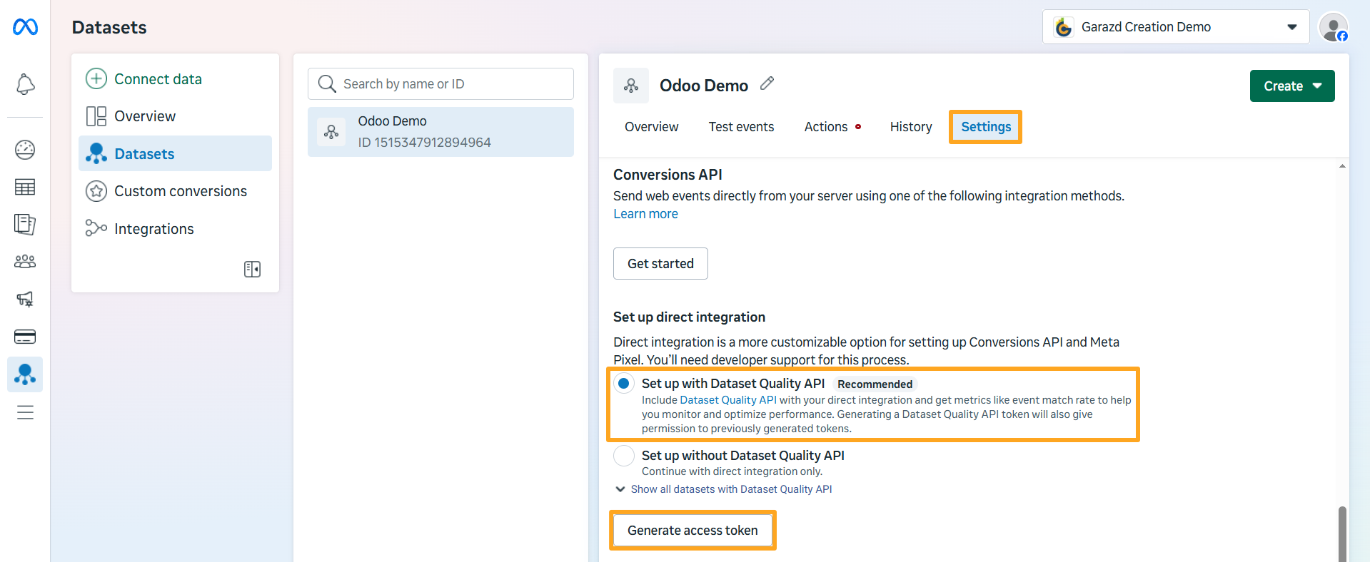 meta events manager dataset settings generate access token