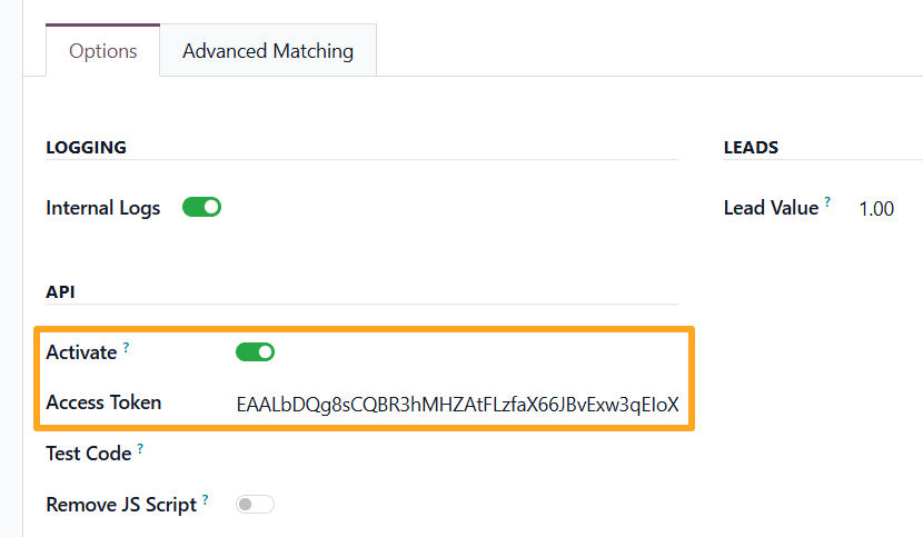 odoo meta facebook tracking service api activate access token