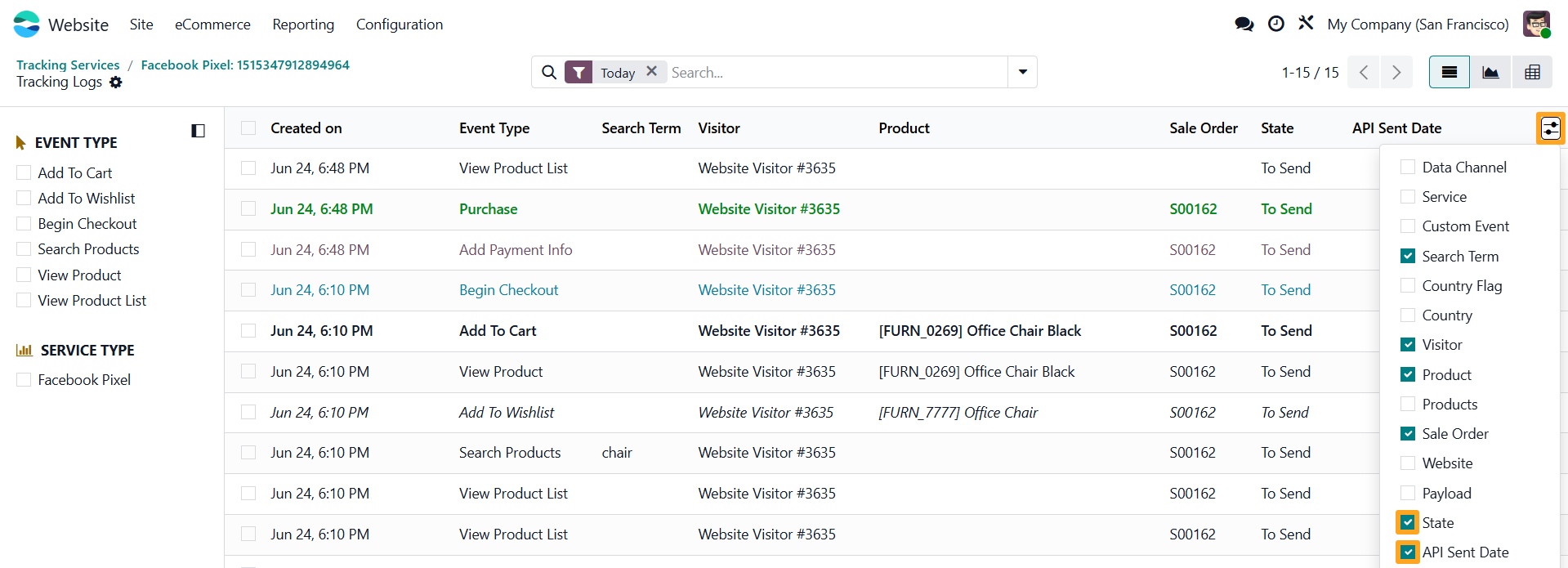 odoo meta facebook tracking service logs state api sent date