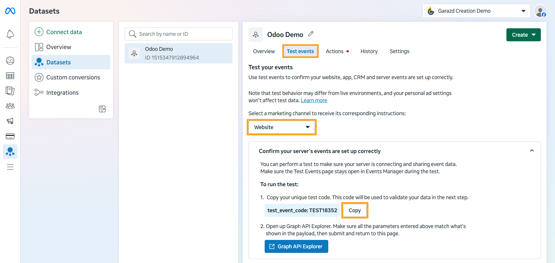meta events manager dataset api test events