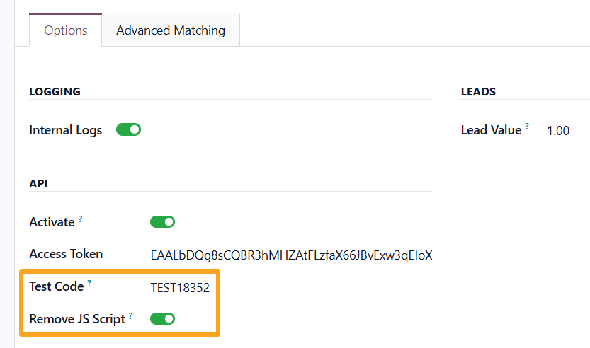 odoo meta facebook tracking service test code remove js script
