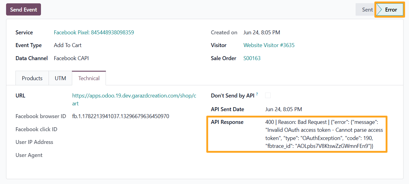 odoo meta facebook tracking log error api response