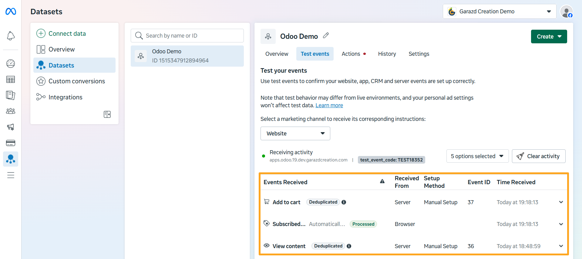 meta events manager dataset api test events receiving activity