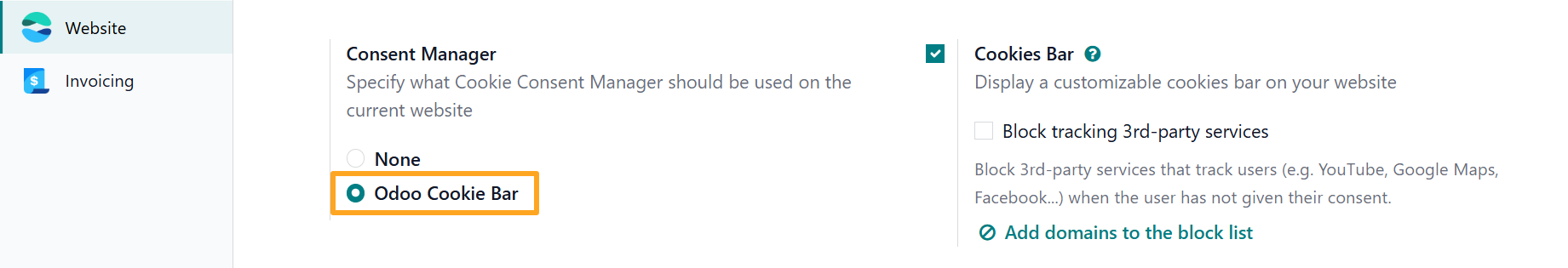 odoo website configuration settings consent manager cookie bar
