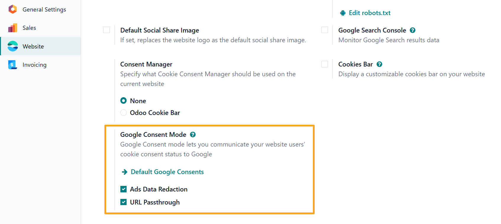 odoo website configuration settings google consent mode